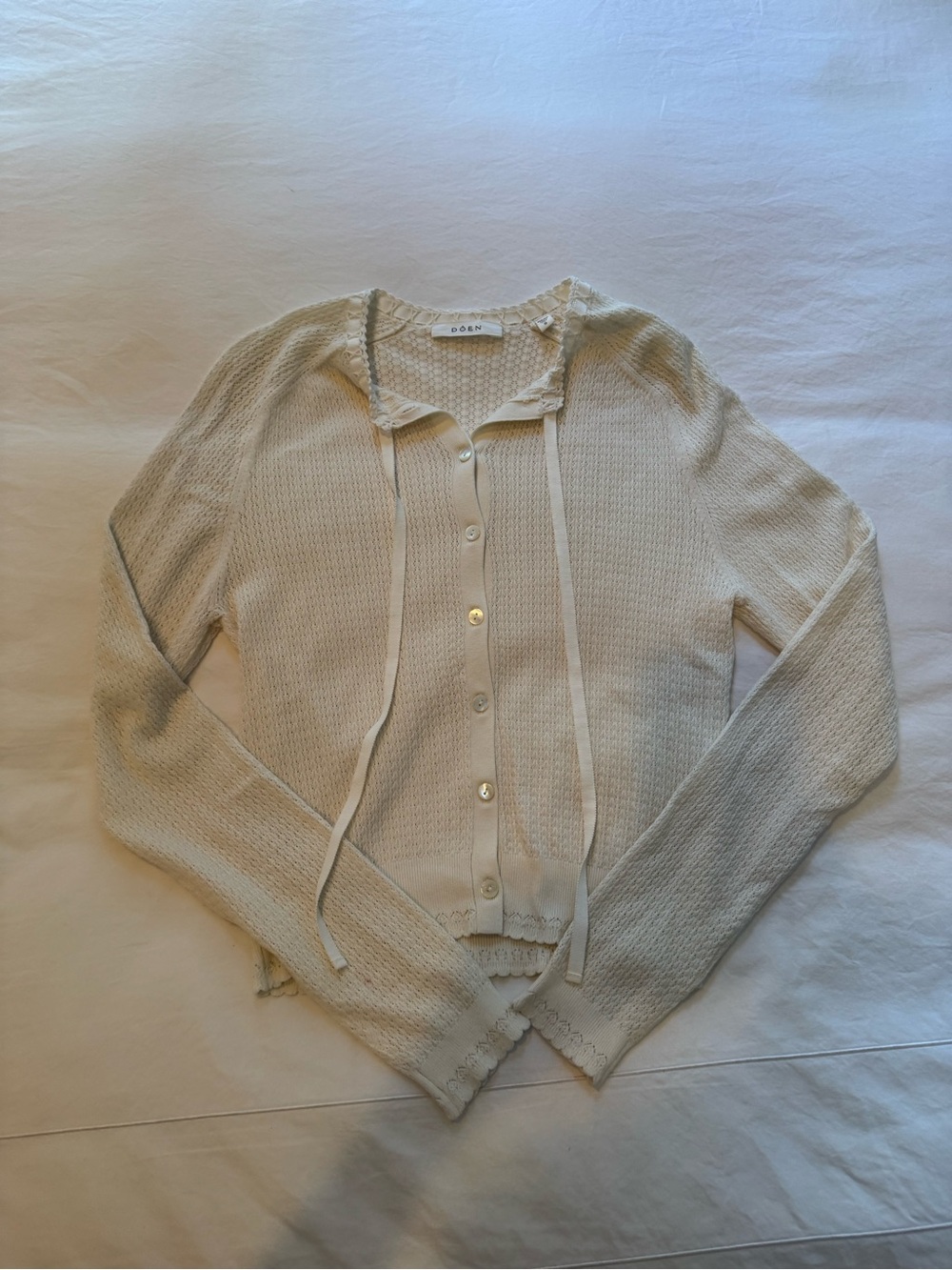 Doen Cream Ribbed Button Cardigan with Neck Ties